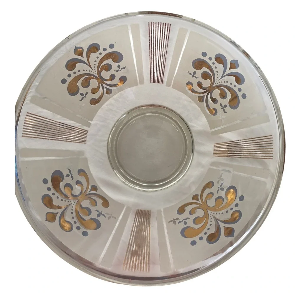 Vintage MCM Glass Bowl Gold Silver Fleur De Lis‎ Striped Mid Century Modern 11